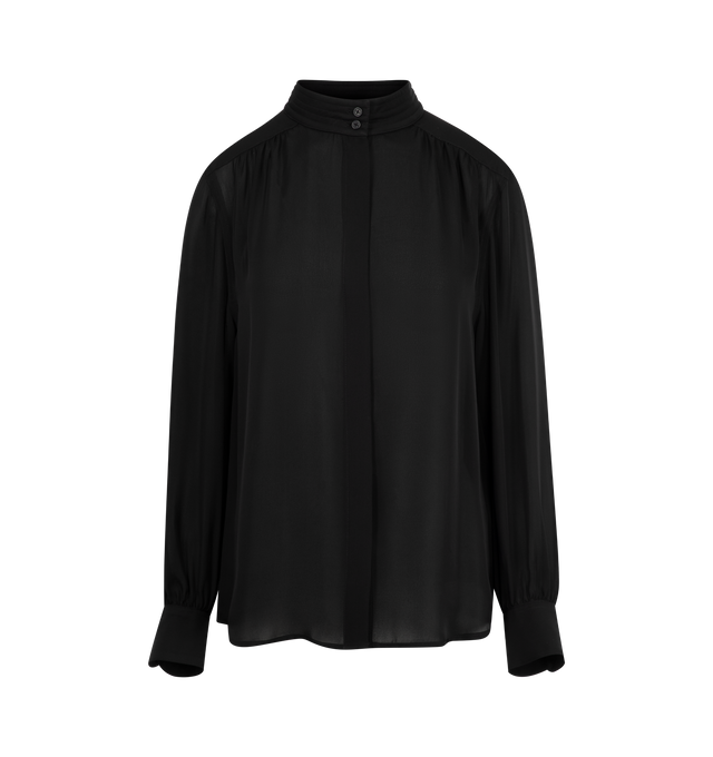 Image 1 of 2 - BLACK - Nili Lotan Relaxed fit blouse. Collar stand featuring tropunto topstitching. Hidden center front placket. Front yoke and sleeves with shirring. Billowy sleeves with buttoned cuffs and slits. Self-binding detail. Shirttail hem. Made in USA. 100% Silk.