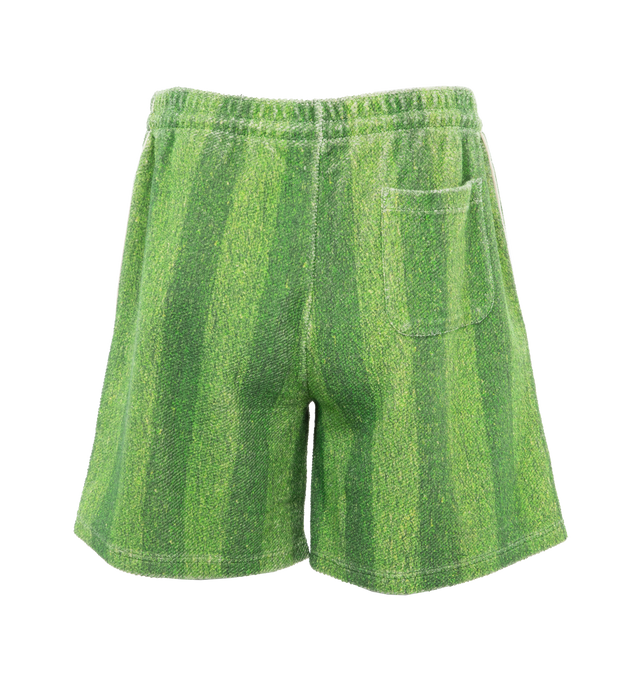 Image 2 of 4 - GREEN - Le Pere Astro sweatshorts recreate the quintessential turf from grass football pitches printed on the inside of an Italian sweatshirt cotton fabric. Features an embroidered patch on the bottom left leg as well as a pocket in the back. 100% Cotton. Made in Portugal.  