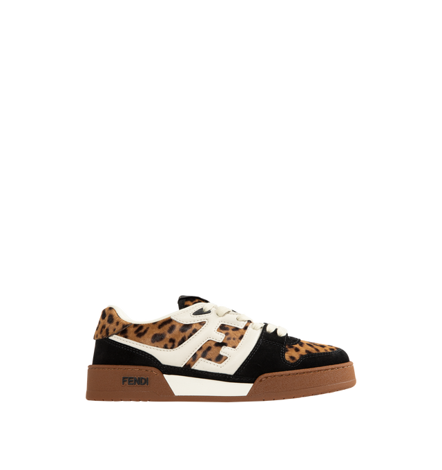 Image 1 of 5 - BROWN - FENDI Match Sneaker featuring low-top, platform, lace-up, made of cavallino calfskin with a brown Fendi Leo animalier print and black suede details, creating a double layer effect. White leather FF appliqus on the sides and hiking laces in the same color. Rubber sole with embossed Fendi lettering on the side. 100% calf leather, 100% hair-on calf leather. Made in Italy.