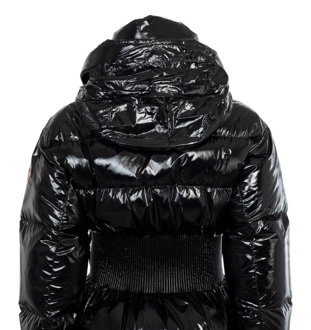Image 3 of 4 - BLACK - MONCLER GRENOBLE Rochers Short Down Jacket featuring nylon laqu lining, down-filled, pull-out hood with visor, water-repellent look two-way zipper closure, water-repellent look zipped outer pockets, water-repellent look zipped inner media pocket, water-repellent look zipped ski pass pocket, powder skirt, elastic waistband, jersey wrist gaiters and adjustable cuffs. 100% polyamide/nylon. Padding: 90% down, 10% feather. Made in Turkey. 