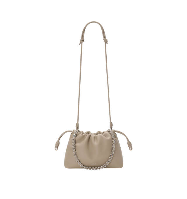 Image 3 of 4 - NEUTRAL - LOEWE Medium Flamenco Purse in fine grained calfskin featuring a ruched shape, historical knot drawstrings, shoulder, crossbody or hand carry, detachable donut chain with Anagram Pebble, detachable and adjustable leather strap, magnetic closure, suede lining and silver embossed LOEWE. Fine grained calf. 20 cm x 30 cm x 10.5 cm. Made in Spain.