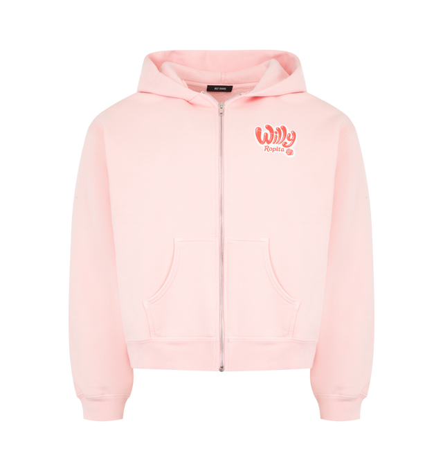 Image 1 of 2 - PINK - WILLY CHAVARRIA Willy Ropita Shrunken Zip-Through Hoodie featuring front zipper closure, attached hood, chest and back logo detail, side slant pockets, fleece lining and ribbed trim. 100% cotton. Made in USA.