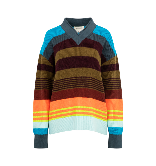 Image 1 of 2 - MULTI - CHRISTOPHER JOHN ROGERS Striped V-Neck Sweater featuring relaxed fit, long sleeves, v neck and stripes throughout. 36% acrylic, 30% superfine alpaca, 20% cotton, 14% merino wool.