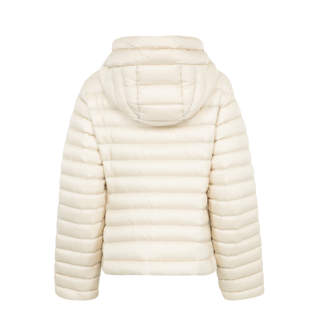 Image 2 of 3 - WHITE - Moncler Ige Short Down Puffer Jacket has an attached hood, a 2-way zip front, an embroidered logo patch, side pockets, and a classic fit. Down fill. Nylon, polyamide exterior.