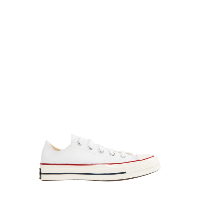 Image 1 of 5 - WHITE - Converse Chuck 70 Sneakers featuring heavyweight, durable canvas, OrthoLite cushioning, varnished, off-white midsole and toe cap and classic All Star license plate. Unisex style in Men's sizes.