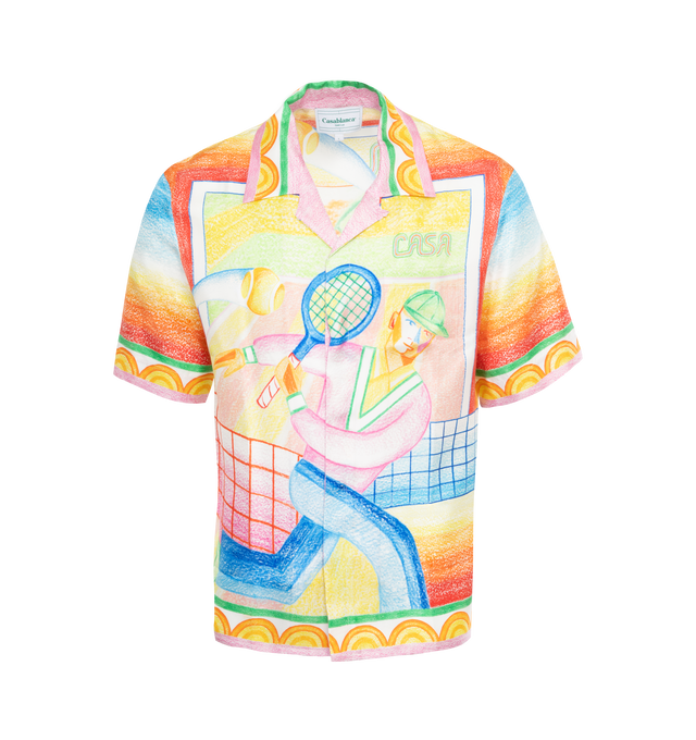 Image 1 of 2 - MULTI - CASABLANCA Cuban Collar Shirt featuring abstract tennis court print, notched collar, concealed button placket, chest patch pocket, short sleeves and straight hem. 100% silk. Made in Italy. 