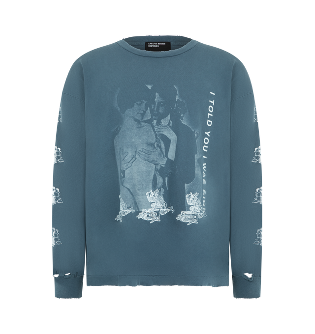 Image 1 of 3 - NAVY - ENFANTS RICHES DEPRIMES I Told You I Was Sick LS T-Shirt featuring long-sleeves, thrashed navy heavy weight cotton jersey, boxy, cropped fit, rib knit neckline and cuffs, single stitch hem at waist, printed artwork at front, back, and sleeves, signature vintage wash process and distressing throughout. 100% cotton. Made in the USA.
