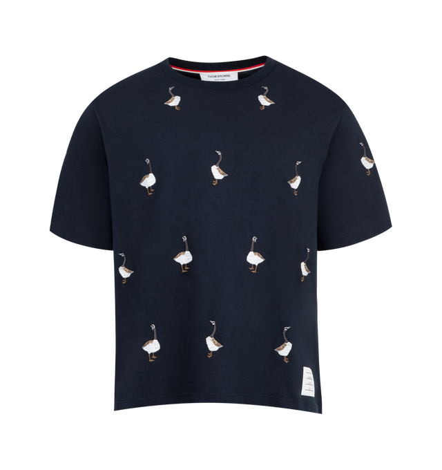 Image 1 of 3 - NAVY - THOM BROWNE Geese Print Jersey Tee featuring embroidered geese, short sleeves, crew neck, name tag applique and signature striped grosgrain loop tab. 100% cotton. Made in Italy.