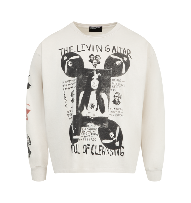 Image 1 of 3 - WHITE - ENFANTS RICHES DEPRIMES Living Altar Long Sleeve T-Shirt featuring heavyweight cotton jersey, a longer, drop-shoulder fit with a rib knit neckline and cuffs, a single-stitch hem at the waist and printed artwork appears at the front, back, and sleeve. 100% cotton. Made in the USA.