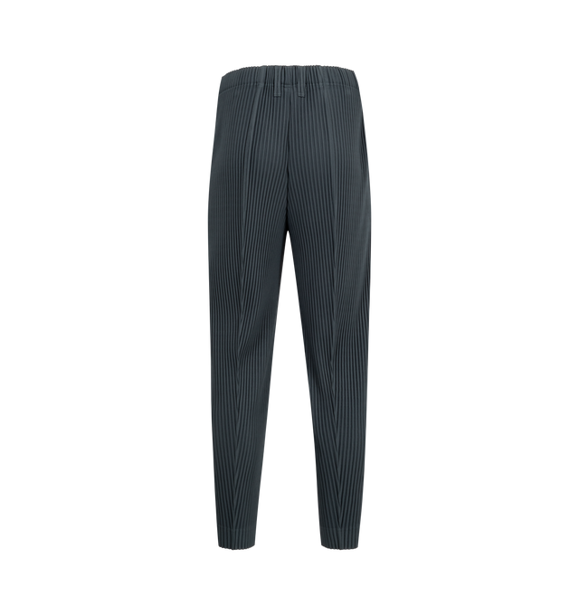 Image 2 of 3 - BLUE - ISSEY MIYAKE Compleat Trousers featuring slim-fit, garment-pleated, belt loops, concealed drawstring at elasticized waistband, two-pocket styling, button-fly and central pinched seam at legs. 100% polyester. Made in Philippines.