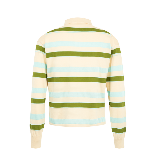 Image 2 of 2 - MULTI - JW Anderson Men's Knitted Striped Rugby Polo Top in ivory, green and blue contrast matte cotton and high-shine viscose, featuring anchor logo embroidery with horn buttons. Composition: 73% Cotton, 27% Viscose. Made in Italy.