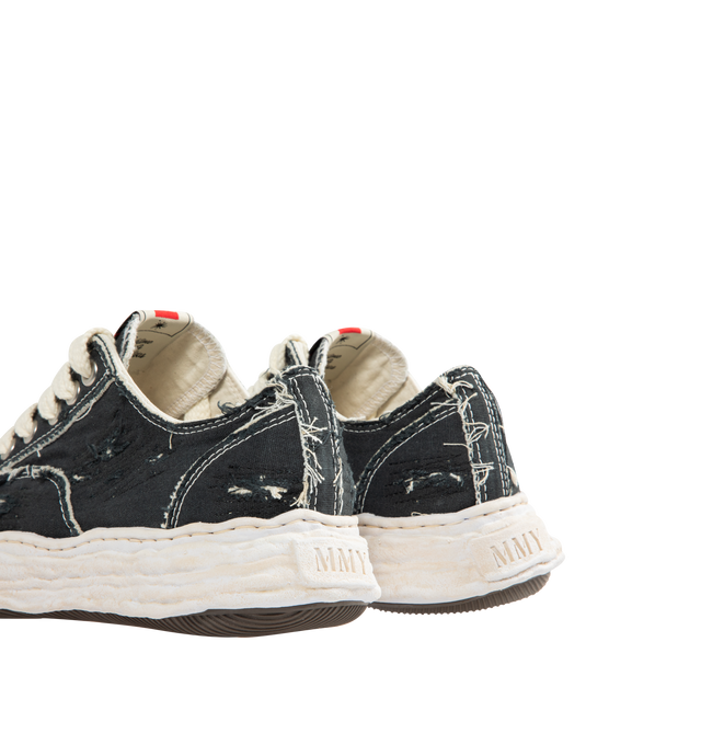 Image 3 of 5 - BLACK - Maison Mihara Yasuhiro Men's Peterson23 Sneakers feature the brand's signature hand-sculpted OG sole, a ripped overdye canvas upper, and a relaxed low-top silhouette for a bold contemporary look. Designed for the Spring/Summer 2026 collection, these designer sneakers combine Maison Mihara Yasuhiro's experimental aesthetic with a wider fit, layered overdye finish, distressed detailing, and a three-dimensional rubber toe cap that echoes the sculptural sole. Intentional fading and distre