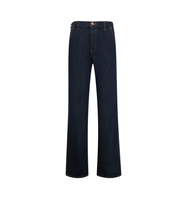 Image 1 of 3 - BLUE - Khaite Women's Rossi Jean is crafted in a high-rise sihlouette, classic denim style, and marigold topstitching. Finished by hand. Material: Denim Cotton.