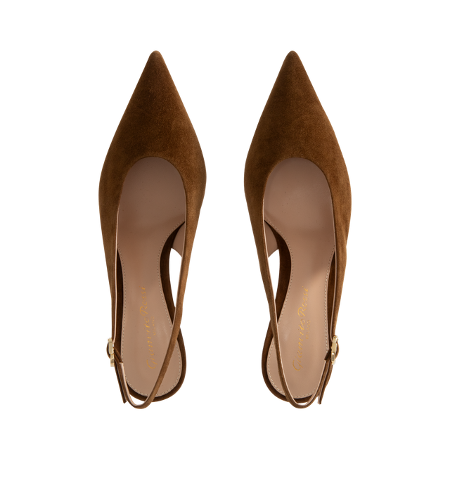 Image 4 of 4 - BROWN - Gianvito Rossi Robbie Slingback 55 crafted from supple suede featuring a pointed-toe and 55mm kitten heel. The back strap is completed with the metallic Ribbon buckle, signature of the Maison. Handmade in Italy. 100% SUEDE.