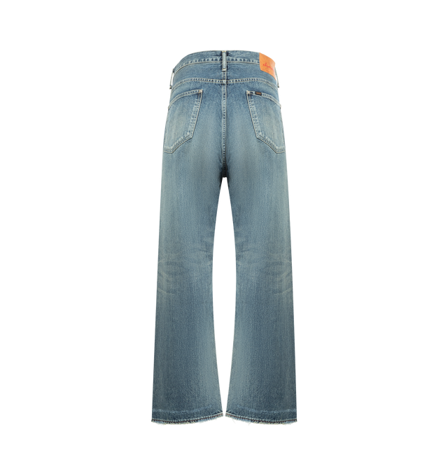 Image 2 of 3 - BLUE - CHIMALA 13.5 oz Selvedge Denim Baggy Cut Jean feauring a mid-rise jean, a straight cut down the leg, durable 13.5 oz Japanese cotton denim, paint splatters, baggy fit throughout, a secure zip and button closure and a classic five-pocket construction. 100% cotton.
