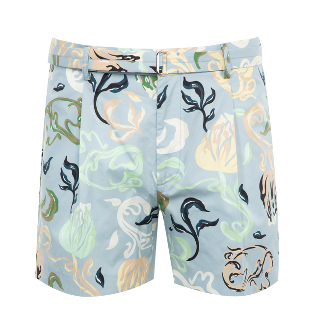 Image 1 of 3 - BLUE - LANVIN Printed Shorts featuring belt loops and belted, pleated front, zip closure, side slit pockets and back pockets. 