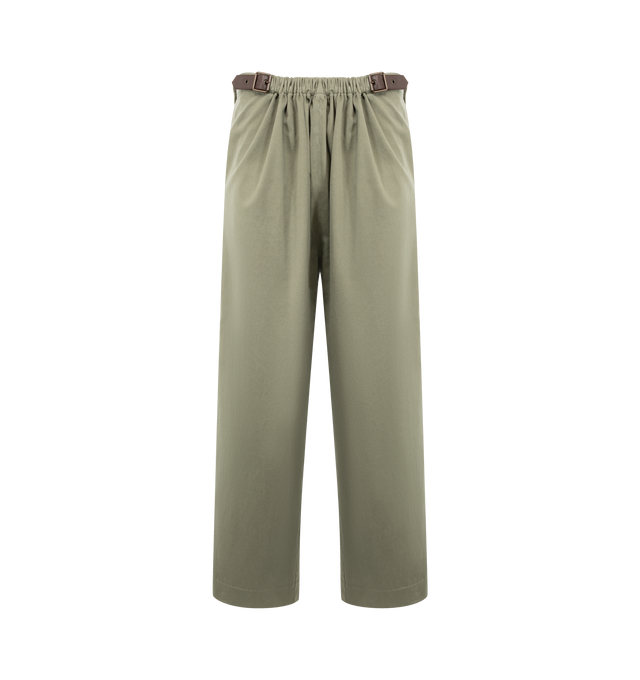 Image 1 of 4 - GREEN - Loewe Men's Trousers in medium-weight garment-dyed cotton satin featuring a gathered front with a decorative contrast belt. Regular fit, regular length featuring mid waist, straight leg, side zip fastening, seam pockets, buttoned rear jet pocket, pressed creases at the front and LOEWE embossed leather patch placed at the back. Cotton. Made in Italy.