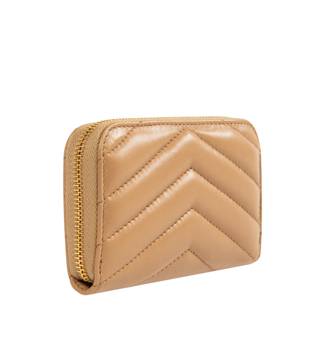 Image 2 of 3 - BROWN - SAINT LAURENT Cassandre matalesse coin card zip-around wallet decorated with chevron stitch quilting, three interior gusseted compartments and grosgrain lining. 4.3 X 2.8 X 0.8 inches. Lambskin leather with gold-tone hardware. Made in Italy.