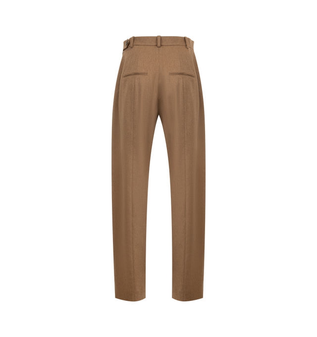Image 2 of 3 - BROWN - KHAITE Dugan Pant featuring a wider fit, mid-rise, tapering toward the ankle, doubled forward pleats, in-seam side pockets, triangular pocket at hip, back welt pockets and side zipper. 90% virgin wool, 8% cashmere, 2% elastane.