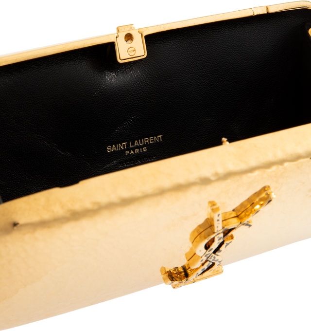 Image 3 of 3 - GOLD - SAINT LAURENT Evening Clutch in Metal featuring bronze-tone hammered metal, stowable chain strap, leather lining and kiss-lock closure. 7.5" X 3.7" X 0.9". Brass. Made in Italy.