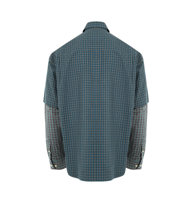 Image 4 of 4 - BLUE - LE PERE Detached Sleeve Button Down featuring cotton fabric made in Japan, oversized fit, paneled construction, dropped shoulders, detachable long sleeves in both contrast colorway and the same fabrics, spread collar, button closure, shirttail hem and an embroidered "le PRE" logo on the chest pocket. 100% cotton. Made in Italy.