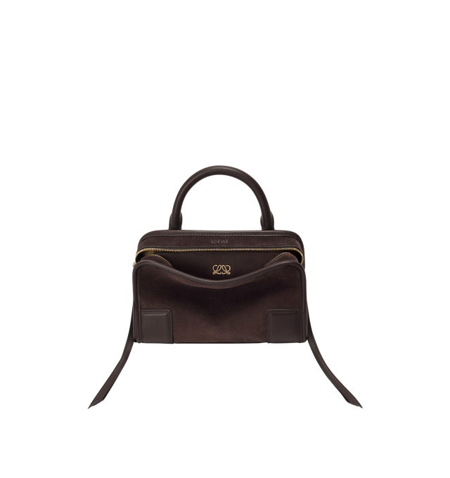 Image 1 of 13 - BROWN - LOEWE Mini Amazona 180 Bag in suede featuring a relaxed silhouette anchored by a single toron top handle, designed to be carried open, while a concealed closure secures the main compartment, removable shoulder and crossbody straps, two carry options: short handle, removable and adjustable crossbody strap, zip closure with two leather zip pullers, two compartments, main compartment closed with magnetic closure, left side d-ring for customization, suede and nappa lambskin lining, embos