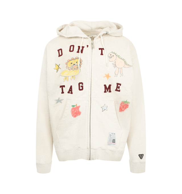 Image 1 of 2 - WHITE - Maison Mihara Yasuhiro Men's Doodle Zip-Up Hoodie is crafted from cotton loopback jersey and features an oversized silhouette with allover hand-drawn doodle graphics created by the designer. Designed with a front zip closure, dropped shoulders, a wide body, and an original embroidered patch at the left sleeve cuff, this hoodie combines graphic expression with everyday comfort. The soft terry-loop fabric provides breathability, moisture absorption, and lightweight warmth for year-round