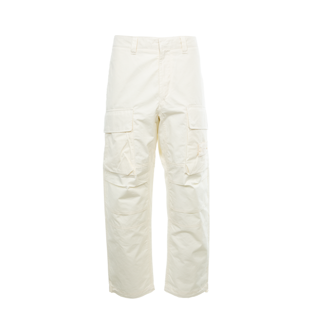 Image 1 of 4 - WHITE - STONE ISLAND Ghost Loose Pant featuring front zipper and button closure, elasticated waistband in back panel, waistband loops, two side slit pockets, flap patch pocket on back, two cargo pockets on front with iconic brand monogram patch applied, monochrome pattern and regular fit. 97% cotton, 3% elastane. Made in Italy. 