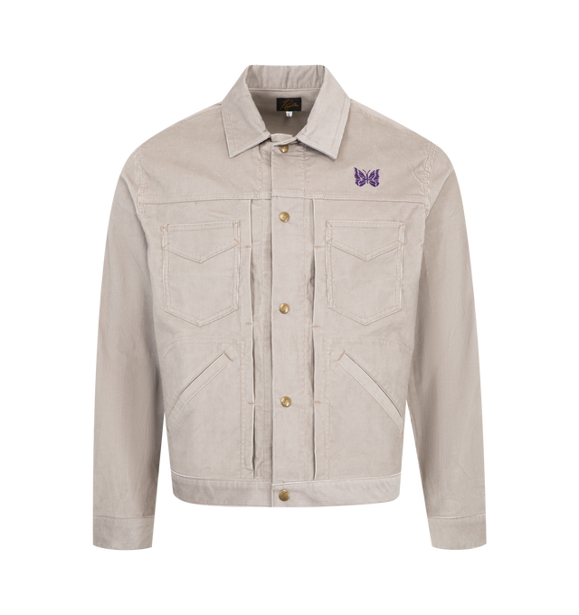 Image 1 of 3 - GREY - Needles Penny Jean Jacket has a spread collar, a press stud front closure, single-button barrel cuffs, patch pockets, and side pockets. 95% cotton, 5% polyurethane. Made in Japan.