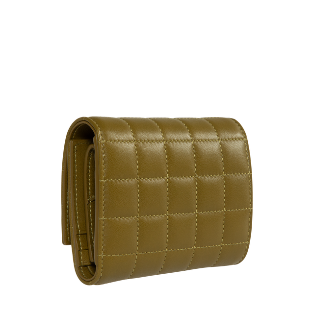 Image 2 of 3 - GREEN - SAINT LAURENT Quilted Leather Wallet featuring signature YSL logo plaque, tri-fold design, gold-tone hardware, internal logo stamp, internal card slots and internal note compartments. 0.98 x 4.52 x 3.14 inches. 100% lambskin.  