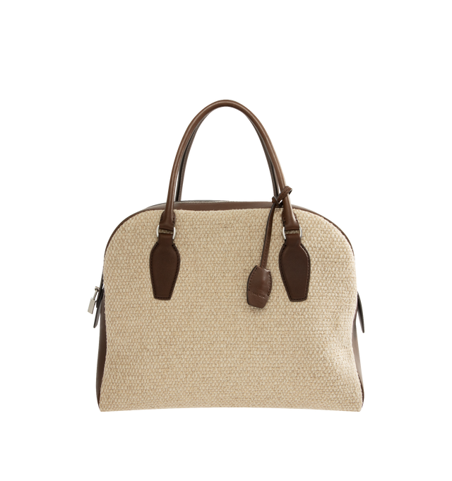 Image 1 of 3 - BROWN - THE ROW India 12 Canvas Bag featuring bowling bag in heavy cotton canvas with tubular leather handles, branded metal padlock and key, and zipper closure. 35% linen, 30% calfskin leather, 25% cotton, 5% polyamide, 5% polyester. Lining: 100% linen. Made in Italy.