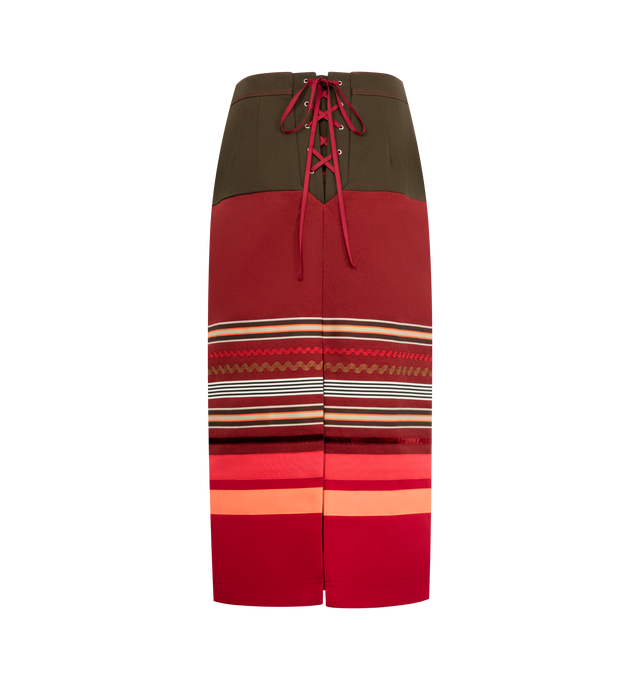 Image 2 of 3 - MULTI - CHRISTOPHER JOHN ROGERS Embroidered Colorblock Pencil Skirt featuring high waist, lace up back, back slit hem, exposed side zipper and stripes throughout.