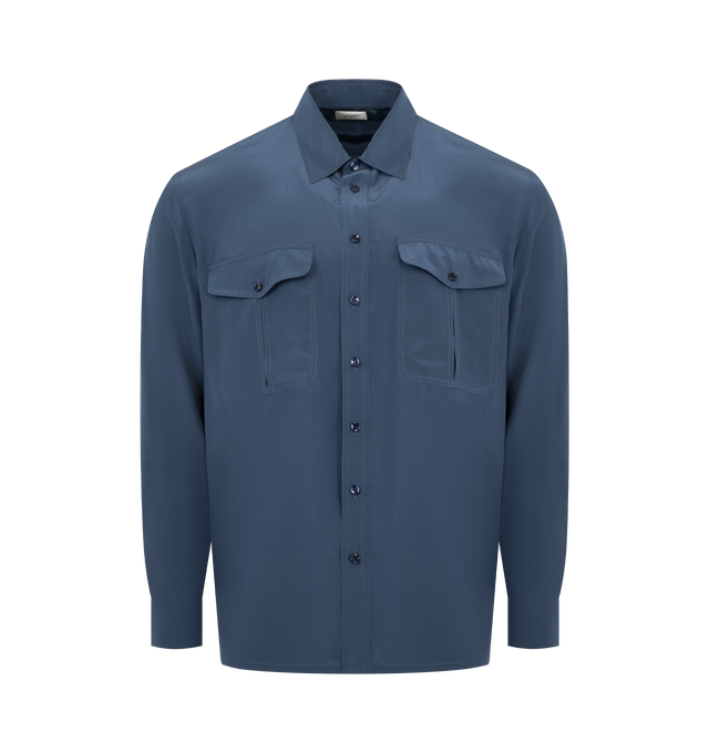 Image 1 of 2 - BLUE - SAINT LAURENT Silk Blend Shirt featuring front button closure, stitched trim, two inverted-pleat patch pockets with button flap at the chest, pointed collar with collar stays, padded shoulders, one-button cuffs and straight hem. 63% viscose, 37% silk. Made in Italy.