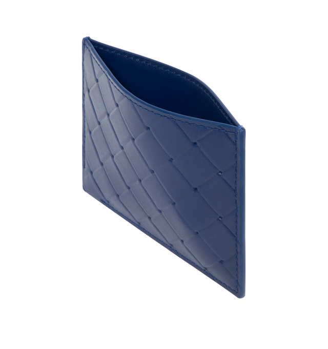 Image 3 of 3 - BLUE - BOTTEGA VENETA Intrecciato Stamp Credit Card Case featuring credit card case in calf leather with embossed Intrecciato pattern, three card slots and one central pocket. 3.1" x 4.1" x 0.2". Calfskin. Made in Italy.
