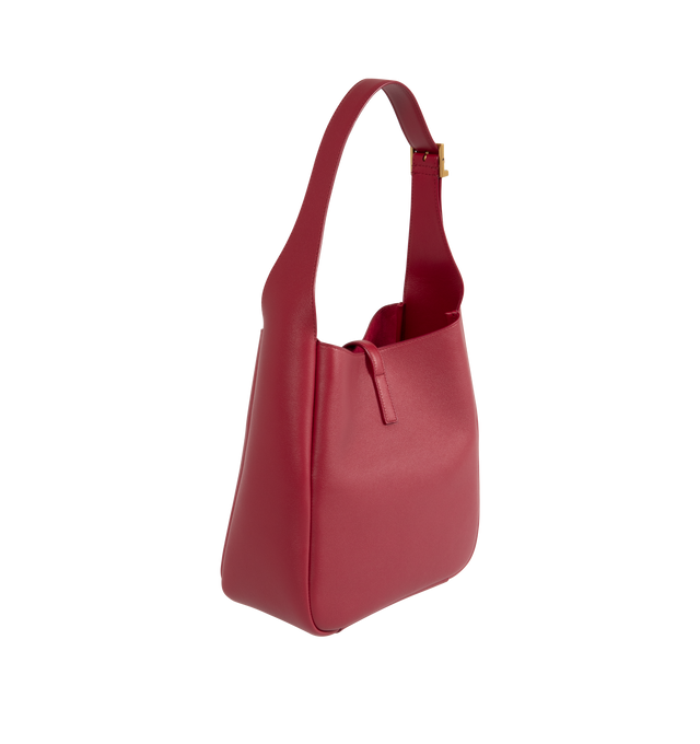 Image 2 of 3 - RED - SAINT LAURENT  Le A 7 soft small shoulder bag has a metal Cassandre hook closure, bronze-tone hardware, and interior zip pocket. Suede lining. 100% calfskin leather. Dimensions: 9 X 8.7 X 3.5 inches.  Made in Italy.