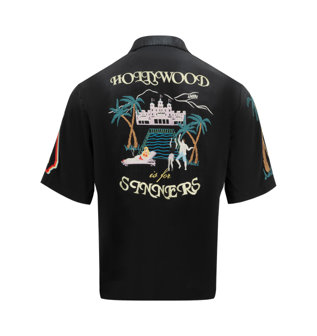 Image 2 of 2 - BLACK - AMIRI Sinners Camp Shirt featuring front, back and sleeve embroidery, notched collar, button down closure and short sleeves. 87% modal, 13% polyester. Made in Italy.