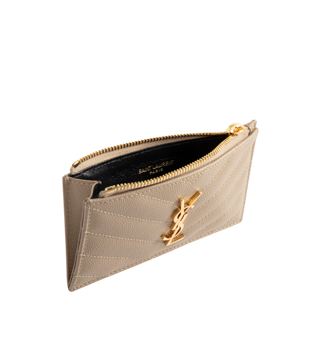 Image 3 of 3 - BROWN - SAINT LAURENT Zip Cardcase featuring cassandre logo, quilted overstitching, tanned leather, gold-toned metal hardware, zip closure, 5 card slots and 1 zip pocket. 5.1 x 3.1 x 0.7 inches. Calfskin. Made in Italy.