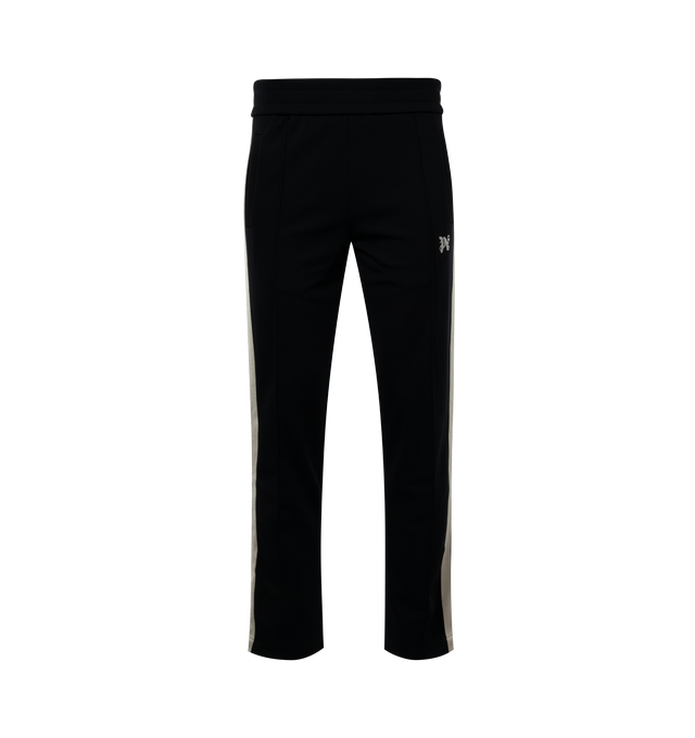 Image 1 of 3 - BLACK - PALM ANGELS Monogram Track Pants featuring elasticized waistband, two-pocket styling, logo embroidered at front, pinched seams at front, zip vent at cuffs and striped trim at outseams. 100% recycled polyester. Made in Italy. 