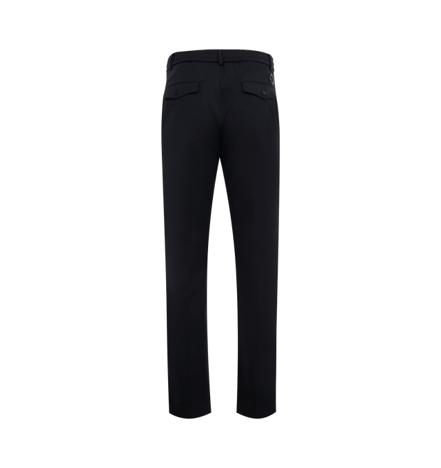 Image 2 of 3 - NAVY - MONCLER Wool Gabardine Tailored Pants featuring wool blend gabardine, zipper and button closure, pockets with snap button closure and leather logo patch. 54% virgin wool, 45% polyester, 1% elastane/spandex. Made in Romania.