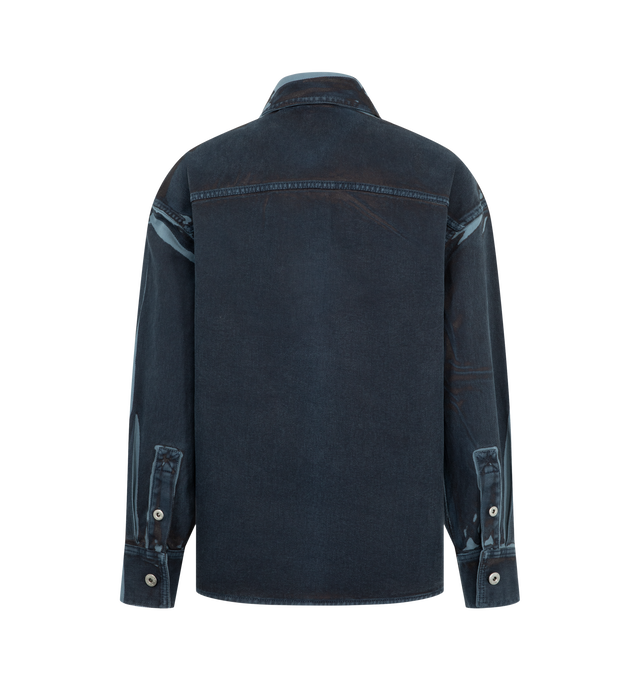 Image 2 of 2 - BLUE - Bottega Veneta Women's Overdyed Denim Shirt is crafted from overdyed, washed denim and features a relaxed-fit silhouette with a smooth leather pocket at the chest. Designed to combine workwear-inspired denim with the house's elevated craftsmanship, the shirt is finished with a rich overdyed treatment that enhances depth and texture. Main Material: 90% Cotton, 10% Lambskin. Made in Italy.