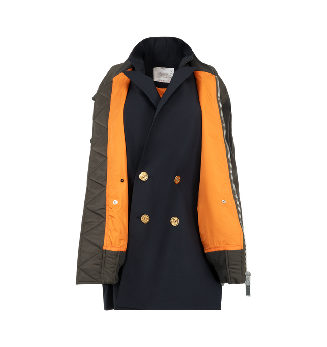 Image 2 of 3 - GREEN - Sacai Women's Nylon Twill Suiting Vest featuring a deconstructed hybrid silhouette and a prominent two-way front zipper. Materials: 100% Nylon; Attached Parts: 70% Polyester, 30% Wool.