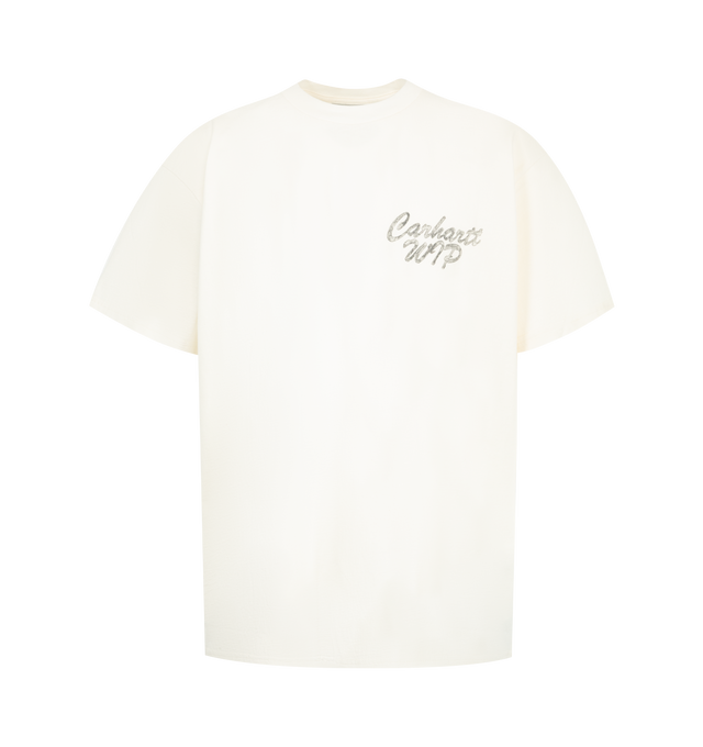 Image 1 of 2 - WHITE - Carhartt WIP Men's S/S Hatching Script T-Shirt is crafted from midweight cotton jersey and features a loose-fit silhouette with graphic prints at the front and back. Designed for everyday wear, this short-sleeve essential combines premium comfort with bold seasonal artwork and signature Carhartt WIP styling. Main Material: 100% Cotton.