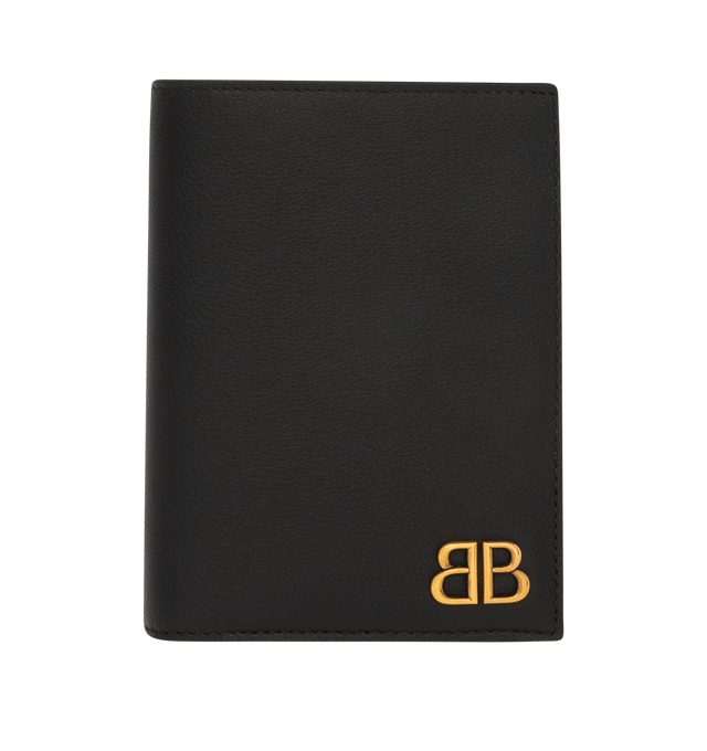 Image 1 of 3 - BLACK - BALENCIAGA Monaco Vertical Bifold Wallet featuring gold Monaco BB logo hardware, 1 bill pocket, 6 card slots and 2 receipt compartments. L4.5 x H3.3 x W0.4 inch. Leather. Made in Italy.