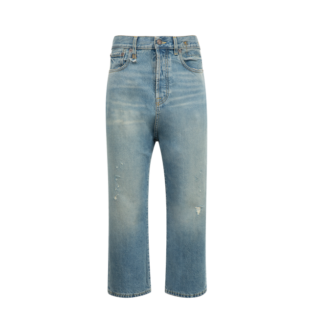 Image 1 of 3 - BLUE - RR13 Tailored Drop Jean featuring relaxed fit drop jean built with mid-weight Japanese rigid indigo denim and treated with a medium indigo wash and mild wear pattern. 100% cotton.
