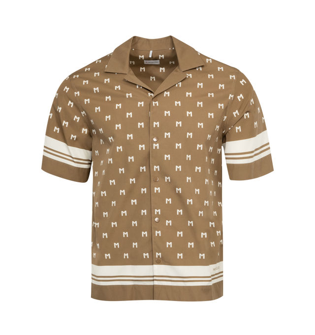 Image 1 of 2 - BROWN - MONCLER Monogram Print Shirt featuring cotton poplin, collar, short sleeves, snap button closure and logo patch. 100% cotton. Made in Romania.