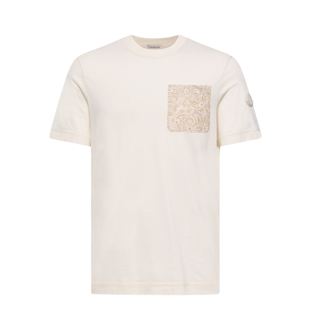 Image 1 of 2 - WHITE - MONCLER Paisley Print Cotton T-Shirt featuring cotton jersey, crew neck, short sleeves, polyester pocket and double leather logo patch. 100% cotton. Made in Turkey.