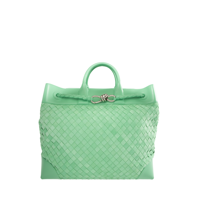 Image 1 of 3 - GREEN - BOTTEGA VENETA Andiamo Voyager featuring suede and smooth leather with signature knot detail, adjustable and detachable cross-body strap, two top handles, one interior zipped pocket, two flat open pockets, one key hook on a strap and magnet closure. Lining: canvas. 15.4" x 16.9" x 7.1". Calfskin. Made in Italy.
