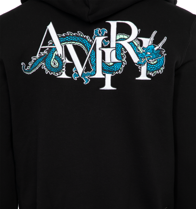 Image 4 of 4 - BLACK - AMIRI CNY Dragon Hoodie featuring two-way zip closure, logo graphic embroidered at chest and back, patch pockets, rib knit hem and cuffs and logo plaque at back hem. 100% cotton. Trim: 95% cotton, 5% elastane. Made in USA. 