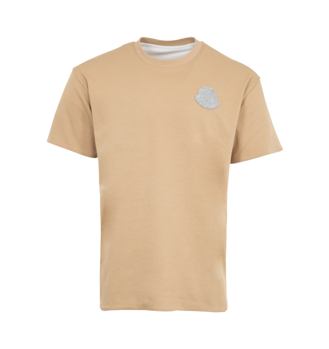 Image 1 of 3 - BROWN - MONCLER Logo Reversible T-Shirt featuring combed cotton jersey, reversible, ribbed crew neck, short sleeves and logo patch. 100% cotton.