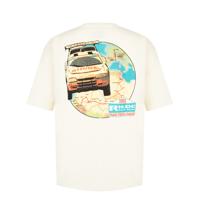 Image 2 of 2 - WHITE - Rhude Men's Tripoli Rally Team T-Shirt is crafted from premium cotton and features a relaxed silhouette with a classic crew neckline, & short sleeves. This designer graphic T-shirt combines exceptional everyday comfort with Rhude's signature luxury streetwear aesthetic, creating an effortless statement piece for casual styling. Main Material: 100% Cotton.